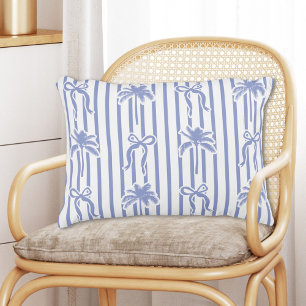 White Blue Coastal Palm Trees Bows Stripes Pattern Decorative Cushion