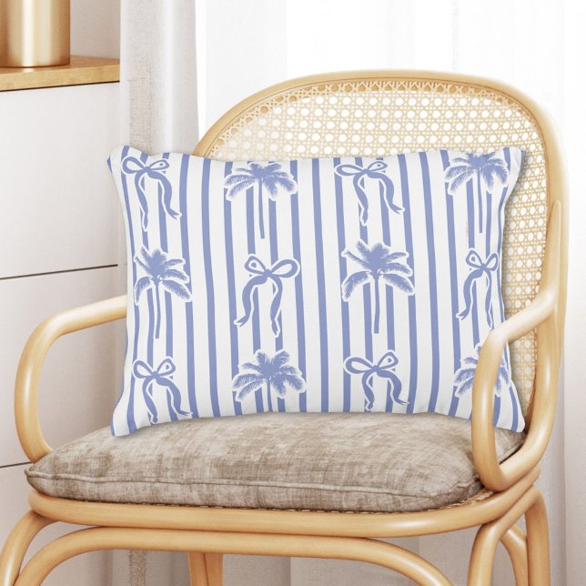White Blue Coastal Palm Trees Bows Stripes Pattern Decorative Cushion (In situ)