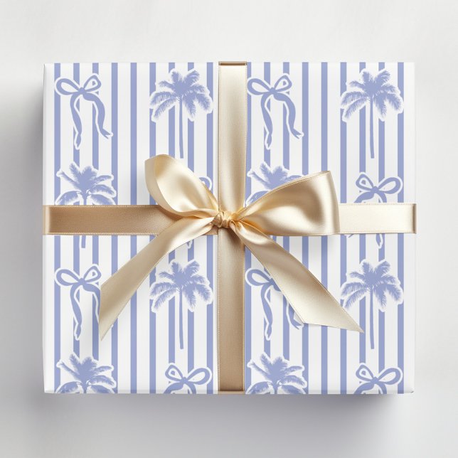 White Blue Coastal Palm Trees Bows Stripes Pattern Wrapping Paper (In situ)