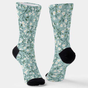 White Blue Cottage core Vintage Floral Pattern Socks