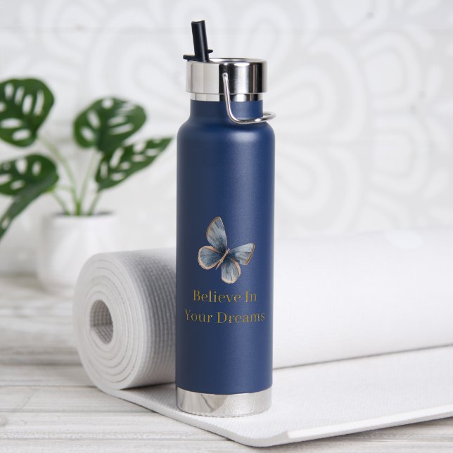 White Blue Cream Butterfly   Water Bottle (Yoga (Rotated))