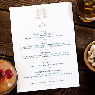 White blue crown crest monogram wedding bar menu