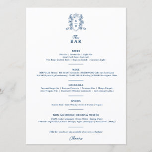 White blue crown crest monogram wedding bar menu