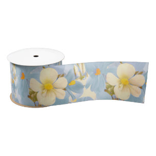 White & Blue Daisies Floral Pattern Satin Ribbon
