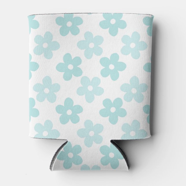 White Blue Daisy Flowers Retro Pattern Can Cooler (Front)