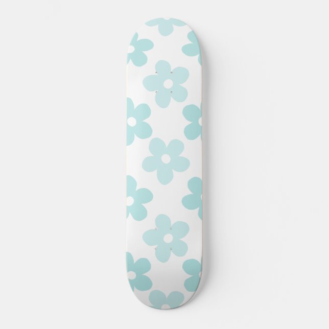 White Blue Daisy Flowers Retro Pattern Skateboard (Front)