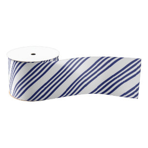White Blue Diagonal Stripes Modern Tilted Pattern Grosgrain Ribbon