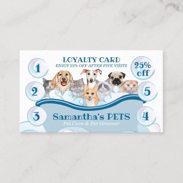 White Blue Dog Cat Groomer Pet Care Bath Loyalty Business Card (Front)