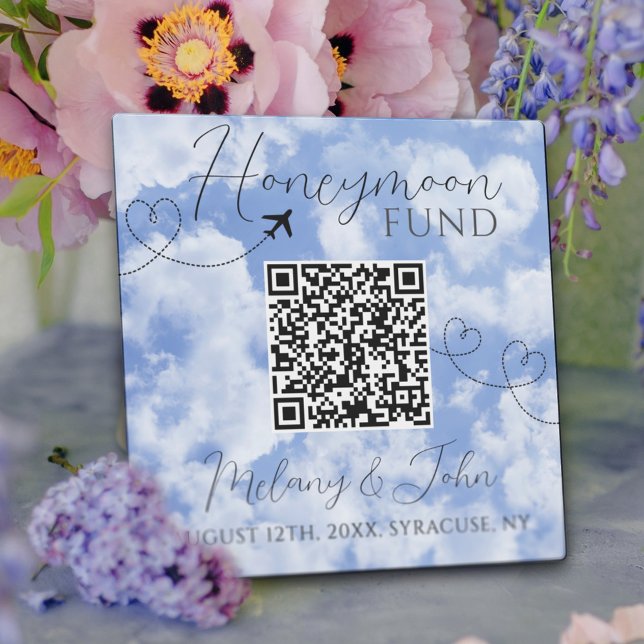 White & Blue Elegant QR Code Honeymoon Fund Sign Plaque (Creator Uploaded)