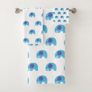 WHITE BLUE ELEPHANT BATHROOM TOWEL SET
