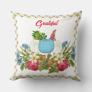  White Blue Fall Pumpkins Watercolor Floral Rustic Cushion