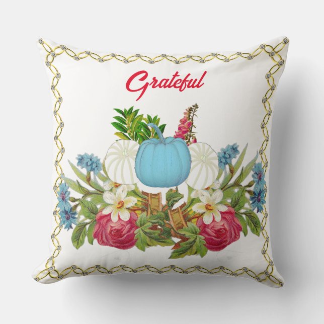  White Blue Fall Pumpkins Watercolor Floral Rustic Cushion (Front)