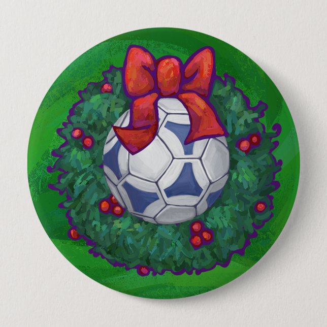 White, Blue Festive Soccer Ball on Green 10 Cm Round Badge (Front)