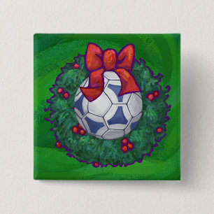 White, Blue Festive Soccer Ball on Green 15 Cm Square Badge