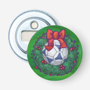 White, Blue Festive Soccer Ball on Green Bottle Opener