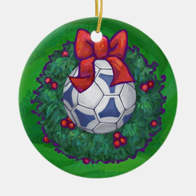 White, Blue Festive Soccer Ball on Green Ceramic Tree Decoration (Front)