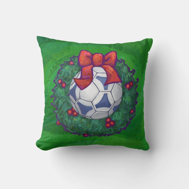 White, Blue Festive Soccer Ball on Green Cushion (Front)