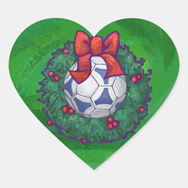 White, Blue Festive Soccer Ball on Green Heart Sticker (Front)