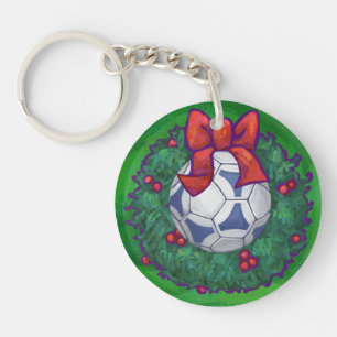 White, Blue Festive Soccer Ball on Green Key Ring