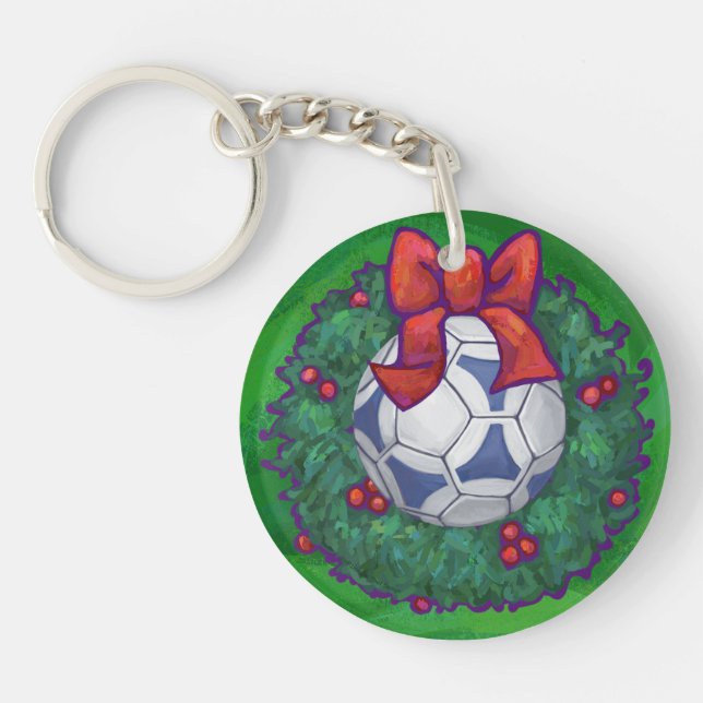 White, Blue Festive Soccer Ball on Green Key Ring (Front)