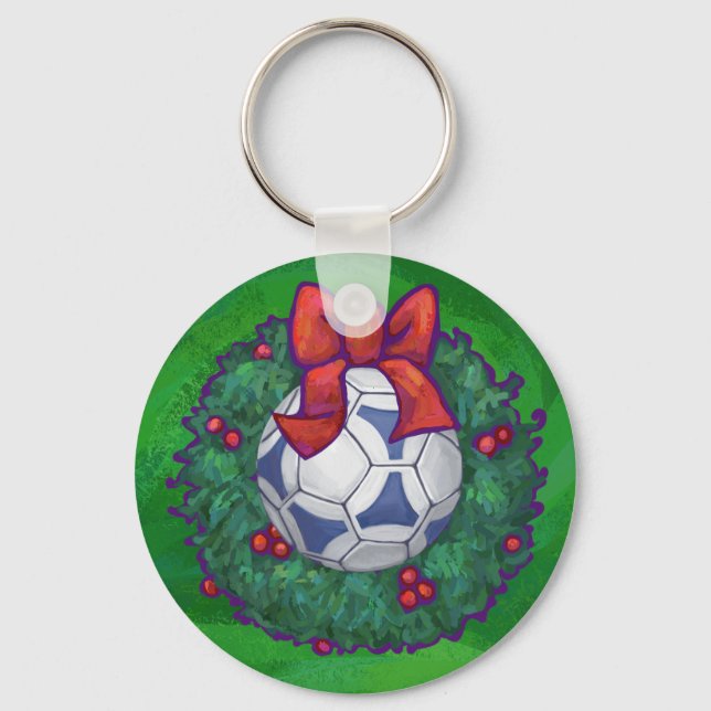 White, Blue Festive Soccer Ball on Green Key Ring (Front)