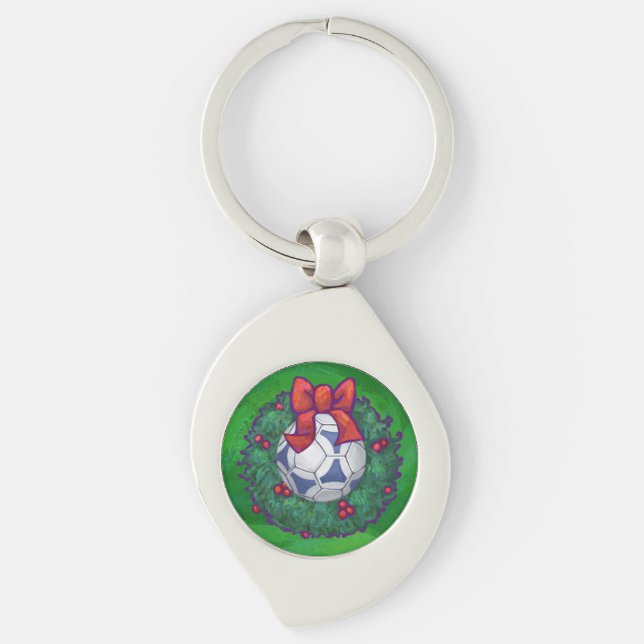 White, Blue Festive Soccer Ball on Green Key Ring (Front)