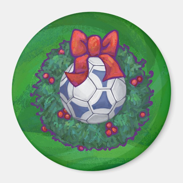 White, Blue Festive Soccer Ball on Green Magnet (Front)