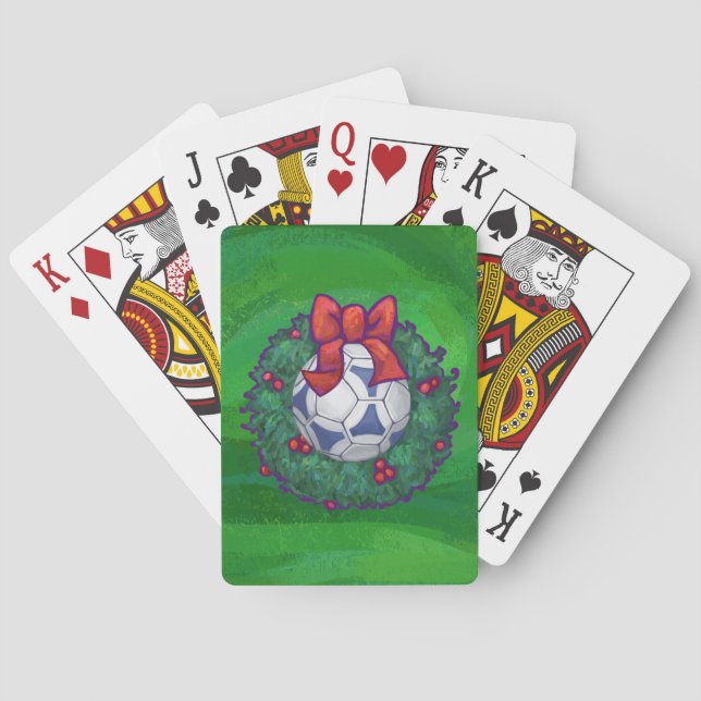 White, Blue Festive Soccer Ball on Green Playing Cards (Back)