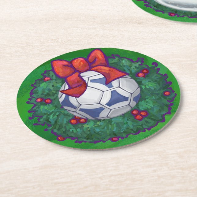 White, Blue Festive Soccer Ball on Green Round Paper Coaster (Angled)