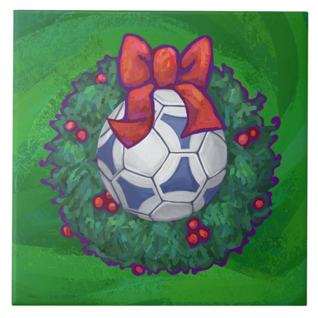 White, Blue Festive Soccer Ball on Green Tile (Front)