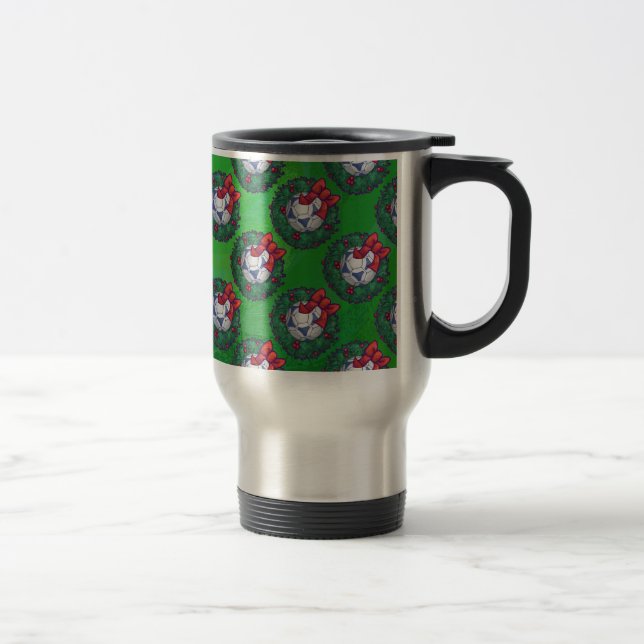 White, Blue Festive Soccer Ball on Green Travel Mug (Right)
