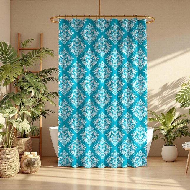 White & Blue Floral Damasks Pattern Shower Curtain (Creator Uploaded)