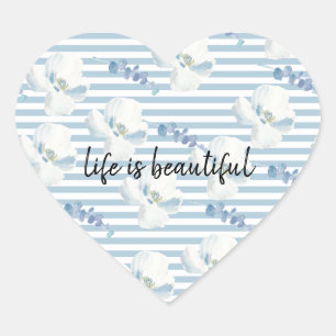 White Blue Floral Eucalyptus Stripes Heart Sticker