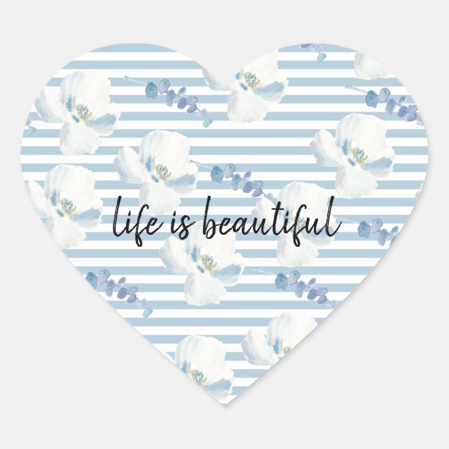 White Blue Floral Eucalyptus Stripes Heart Sticker (Front)