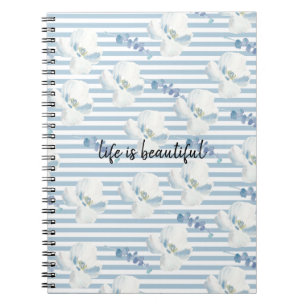 White Blue Floral Eucalyptus Stripes Notebook