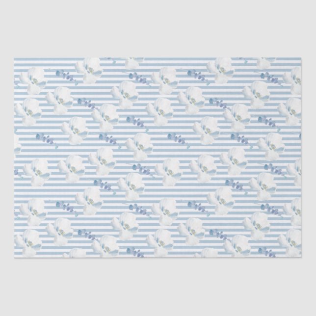 White Blue Floral Eucalyptus Stripes Tissue Paper (Front)