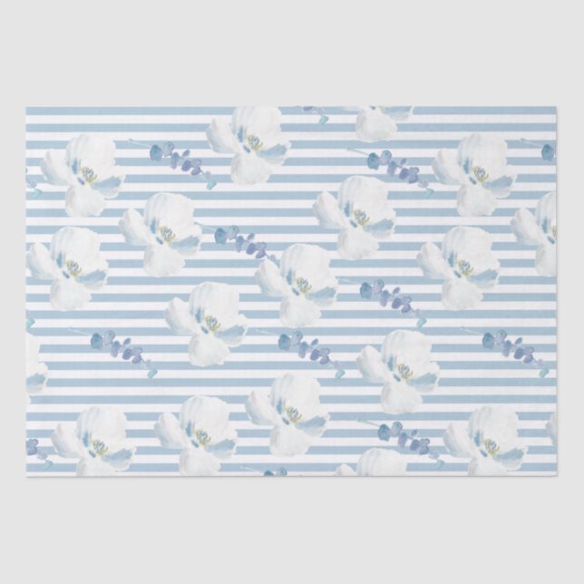 White Blue Floral Eucalyptus Stripes Tissue Paper (Front)