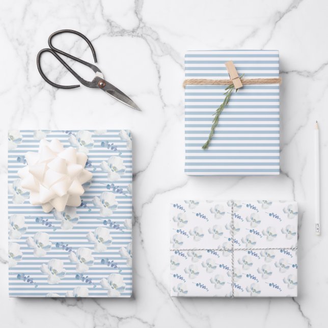 White Blue Floral Eucalyptus Stripes Wrapping Paper Sheet (Front)