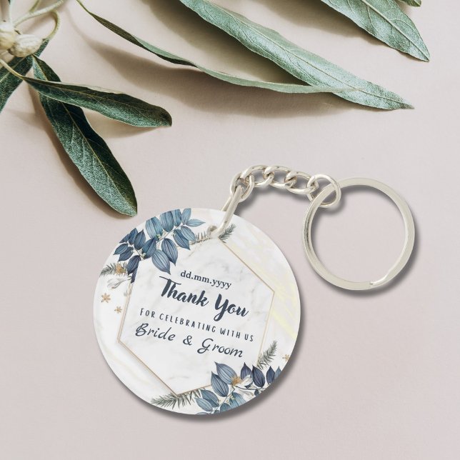 White Blue Floral Frame Thank You Wedding Favours Key Ring (Creator Uploaded)