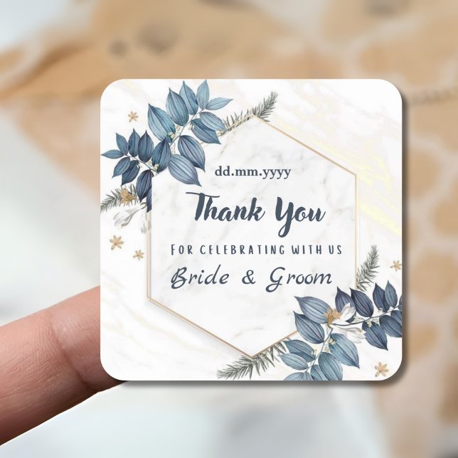 White Blue Floral Frame Thank You Wedding Favours Square Sticker (Creator Uploaded)