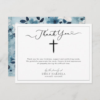 White Blue Floral Funeral Thank You Card