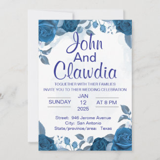 white blue floral geometric wedding invitation
