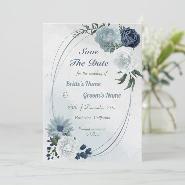 white & blue floral greenery geometric save the date (Standing Front)