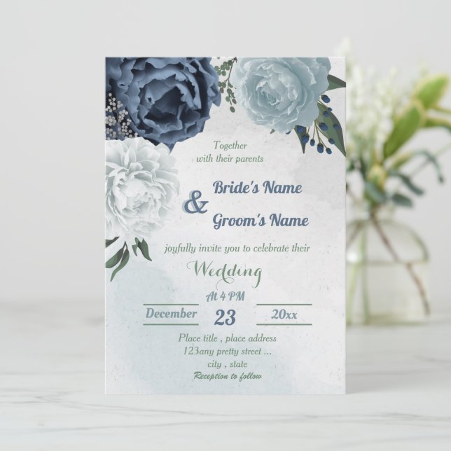 white & blue floral greenery wedding invitation (Standing Front)