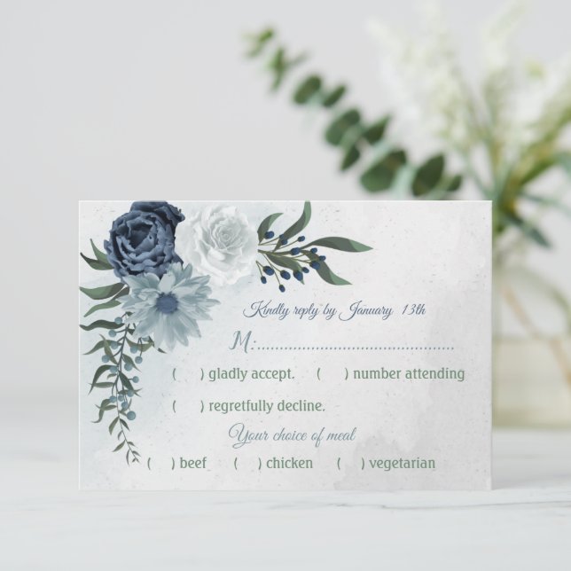 white & blue floral greenery wedding meal choice RSVP card (Standing Front)