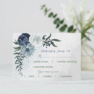 white & blue floral greenery wedding meal choice RSVP card