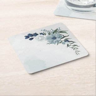 white & blue floral greenery wedding square paper coaster