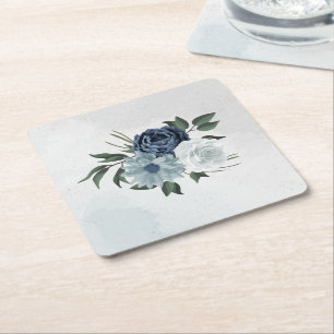 white & blue floral greenery wedding square paper coaster