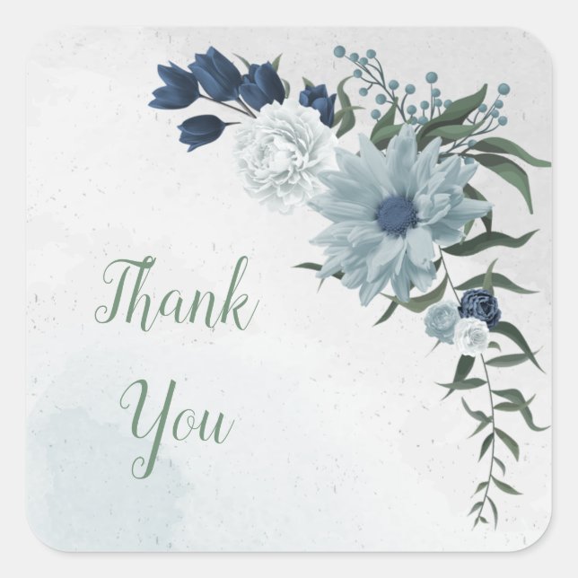 white & blue floral greenery wedding square sticker (Front)