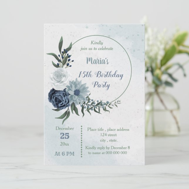 white & blue floral greenery wreath birthday party invitation (Standing Front)